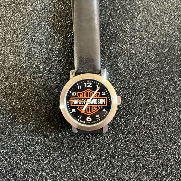 HARLEY DAVIDSON BULOVA BLACK ORANGE WATCH LEATHER BAND ADULT UNISEX - Picture 1 of 8